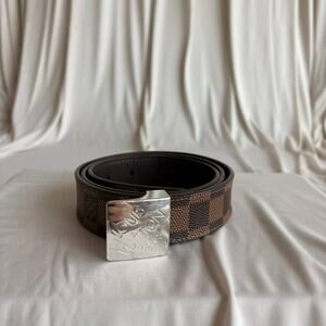 Louis Vuitton Damier Ebene Belt - Brown Checkered Canvas, Silver Buckle, Size 36
